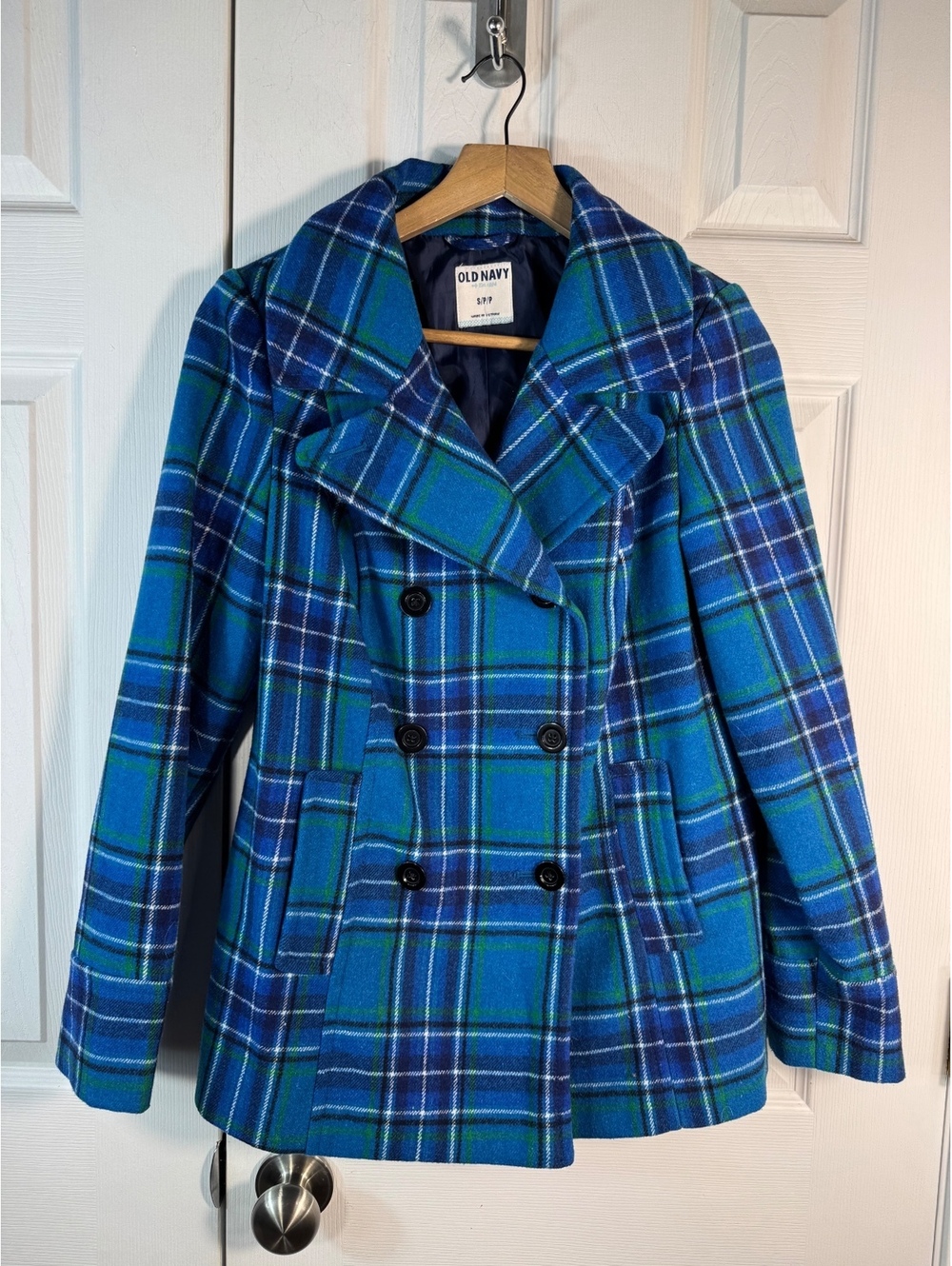 Old Navy Women's Blue Green Plaid Peacoat Size Small